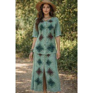 Vintage Embroidered Boho Top & Skirt Women M Earthy Hippie Patchwork Green Fairy